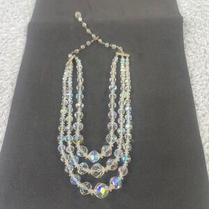 Vintage Necklace Women Clear Aurora Borealis Crystal Triple Strand Mid Century